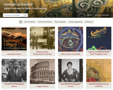 Image shows the landing homepage for Exhibits at Stanford 