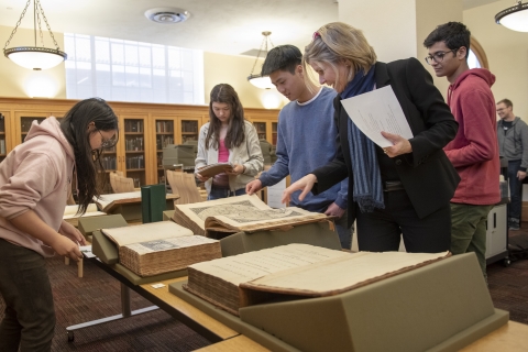 Stanford students using special collections materials