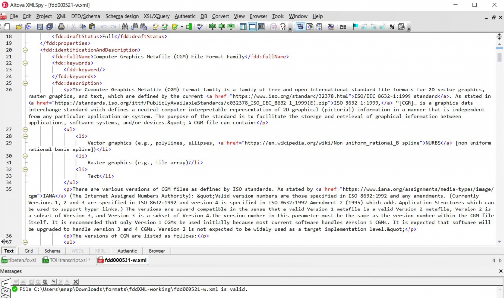 Screenshot of raw XML formatting in an XML editor. This is the tool used to “write” the FDD and ensure that formatting for text and added links are appropriate before publishing.