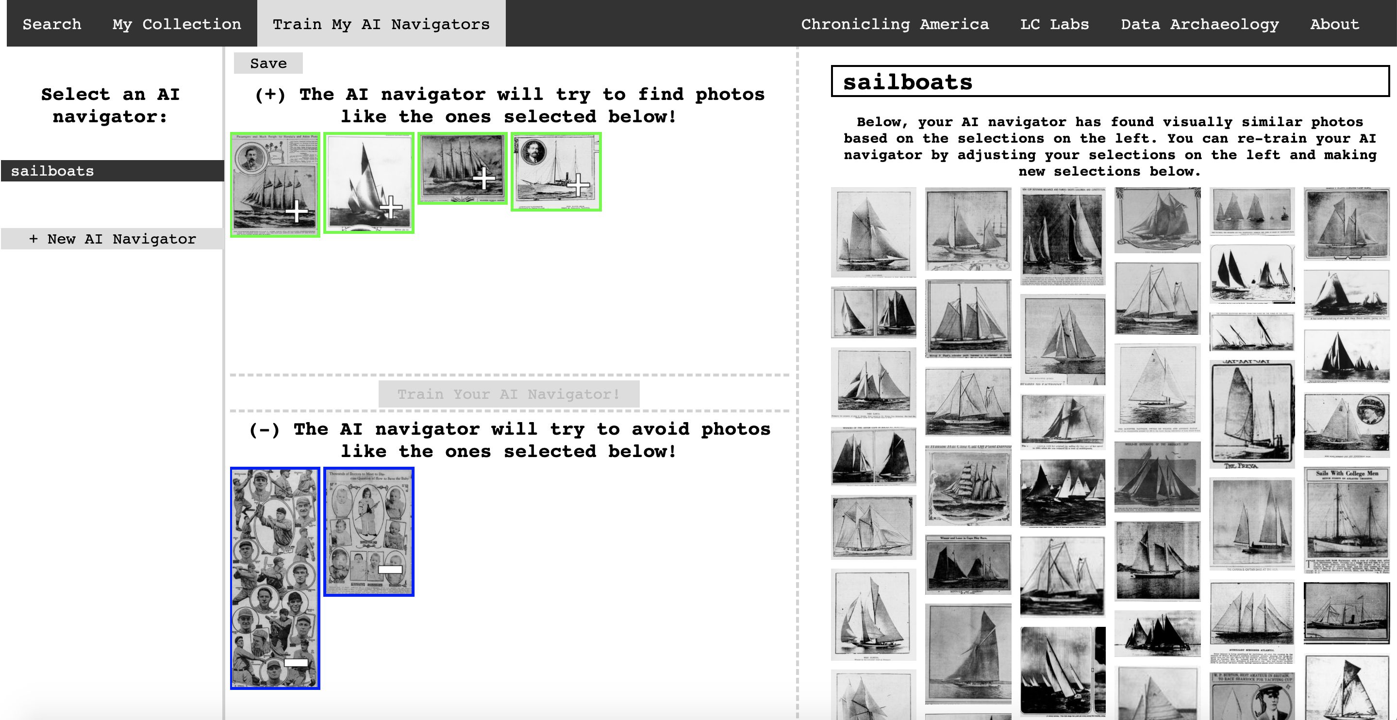 A screenshot of a web application showing images of sailboats from historic newspapers. The top is a selection of photos that closely resemble sailboats. The bottom displays images of false negatives, images that are not of sailboats.