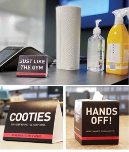 Signage, such as these designs by GBBN Architects, can be a playful way to provide visual cues or instructions to patrons for maintaining physical distance or cleaning surfaces that they touch. <span class="credit"></noscript>Photos: GBBN Architects</span>” width=”255″ height=”300″ srcset=”https://temilib.nasniconsultants.com/wp-content/uploads/2020/09/virus-responsive-design-1.jpg 255w, https://temilib.nasniconsultants.com/wp-content/uploads/2020/09/virus-responsive-design-5.jpg 350w” sizes=”(max-width: 255px) 100vw, 255px”><figcaption class=