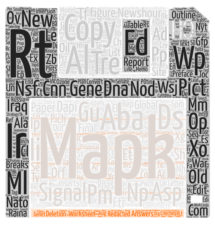 A black, white, grey, and orange word cloud in the shape of a 3.5” floppy disk.