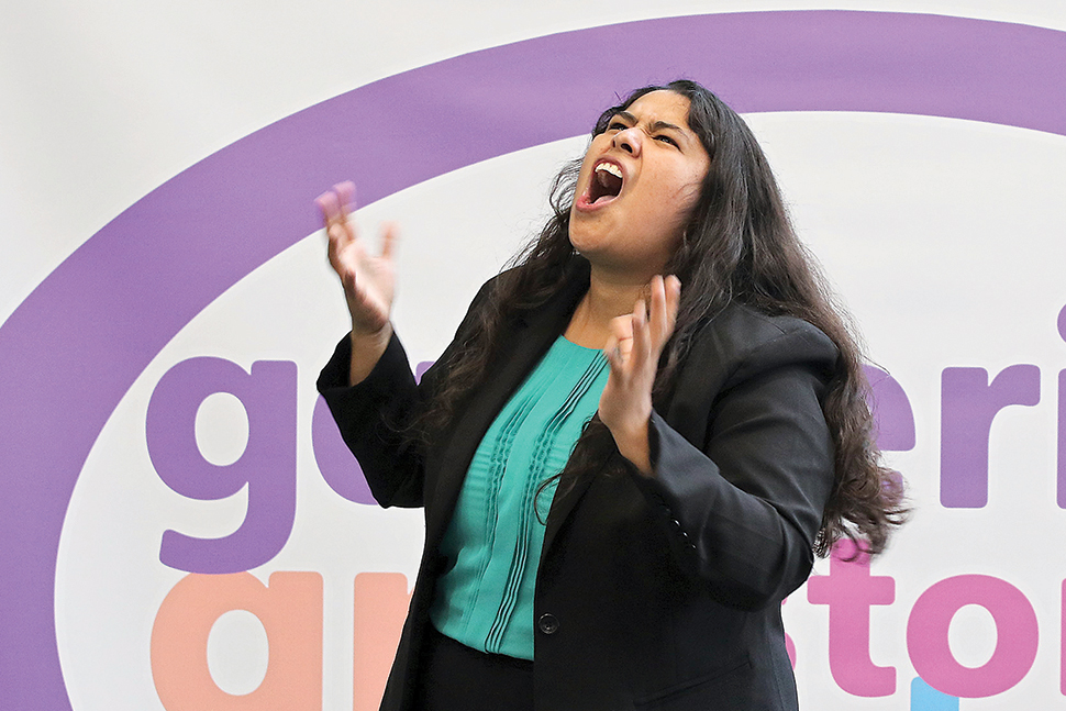 Mayra Castrejón-Hernandez performs at Milwaukee Public Library’s first Deaf StorySlam event in September 2019. Photo: Pat A. Robinson Photos/Milwaukee Public Library