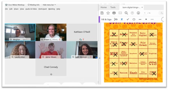 screen capture of several people's videos in WebEx next to an image of an orange bingo board