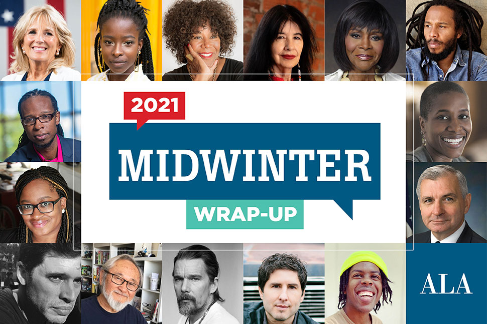 ALA Midwinter Virtual wrap-up (logo in center, surrounded by headshots of featured speakers)