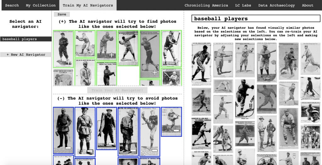 A screenshot of a web application showing images of baseball players from historic newspapers. The top is a selection of photos that closely resemble baseball players. The bottom displays images of false negatives, images that are not of baseball players.
