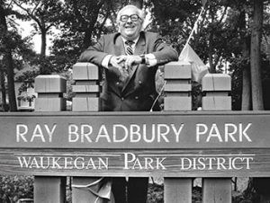 Ray Bradbury at Ray Bradbury Park in 1990. Photo by Waukegan Park District