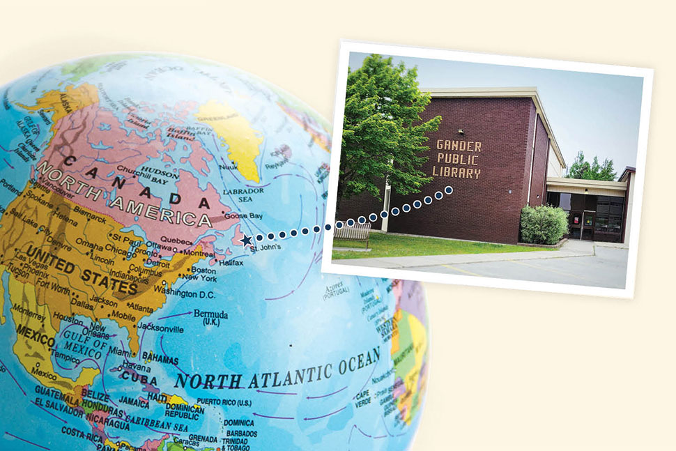 Globe with arrow pointing to Newfoundland, inset photo of Gander Public Library exterior (Photo: ©cnky photography/Adobe Stock (globe); Gander (Newfoundland) Public and Resources Library (exterior))