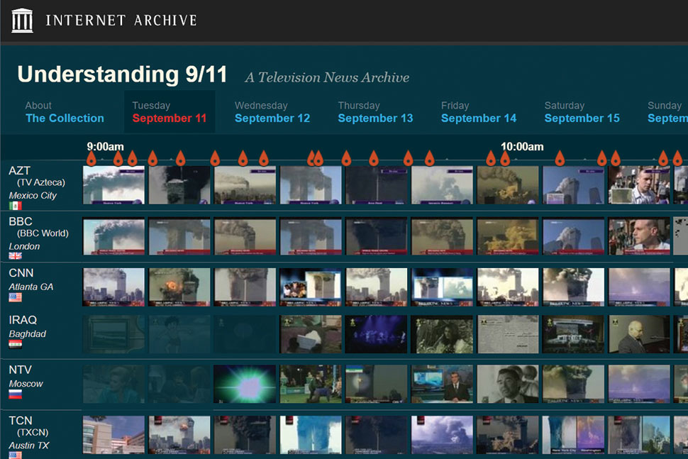 The Internet Archive’s Understanding 9/11 video archive features footage from 20 news outlets spanning the period from the morning of September 11 to September 17, 2001.