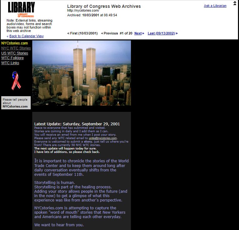 The website NYCStories.com collected the memories and reactions of ordinary people to the events of September 11, 2001.
