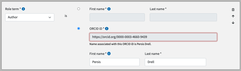 Screenshot of the ORCID entry in the SDR self-deposit form