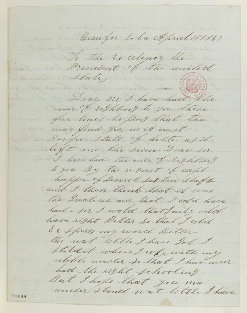 The first page of the letter that John Proctor sent to Abraham Lincoln on April 18, 1863. //www.loc.gov/item/mal2304400/