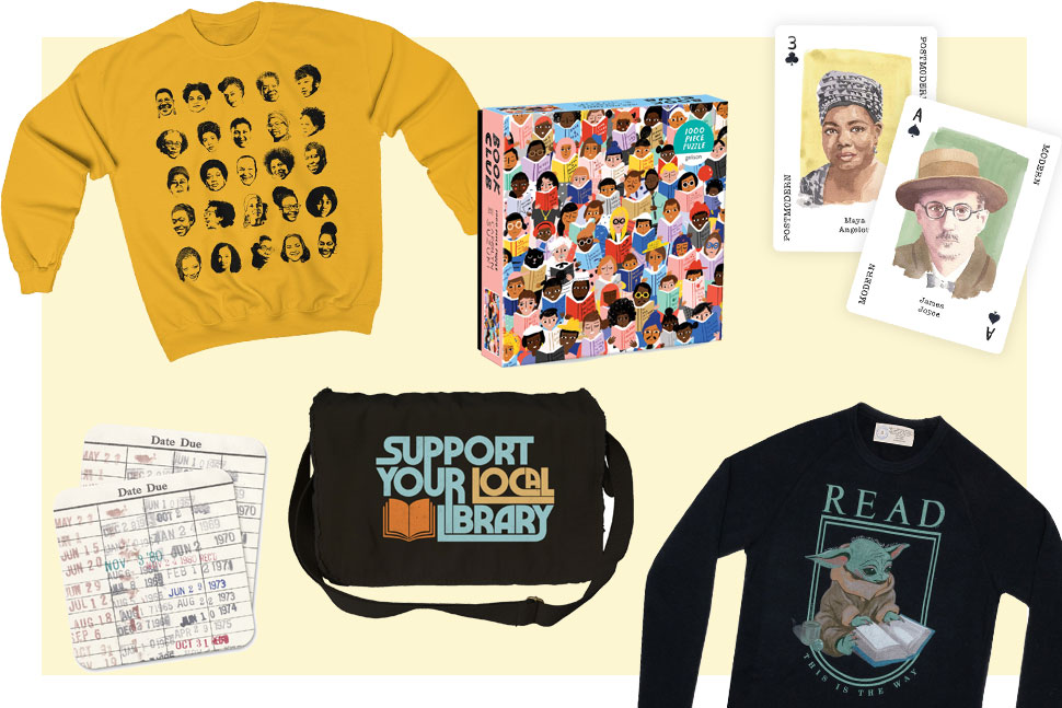 2021 gift guide items (clockwise from top left: sweatshirt, puzzle, playing cards, READ sweatshirt, messenger bag, coasters)