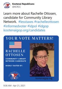 An April 21 Twitter post by Kootenai County (Idaho) Republican Central Committee endorsing Rachelle Ottosen, a candidate for the Community Library Network’s board. 