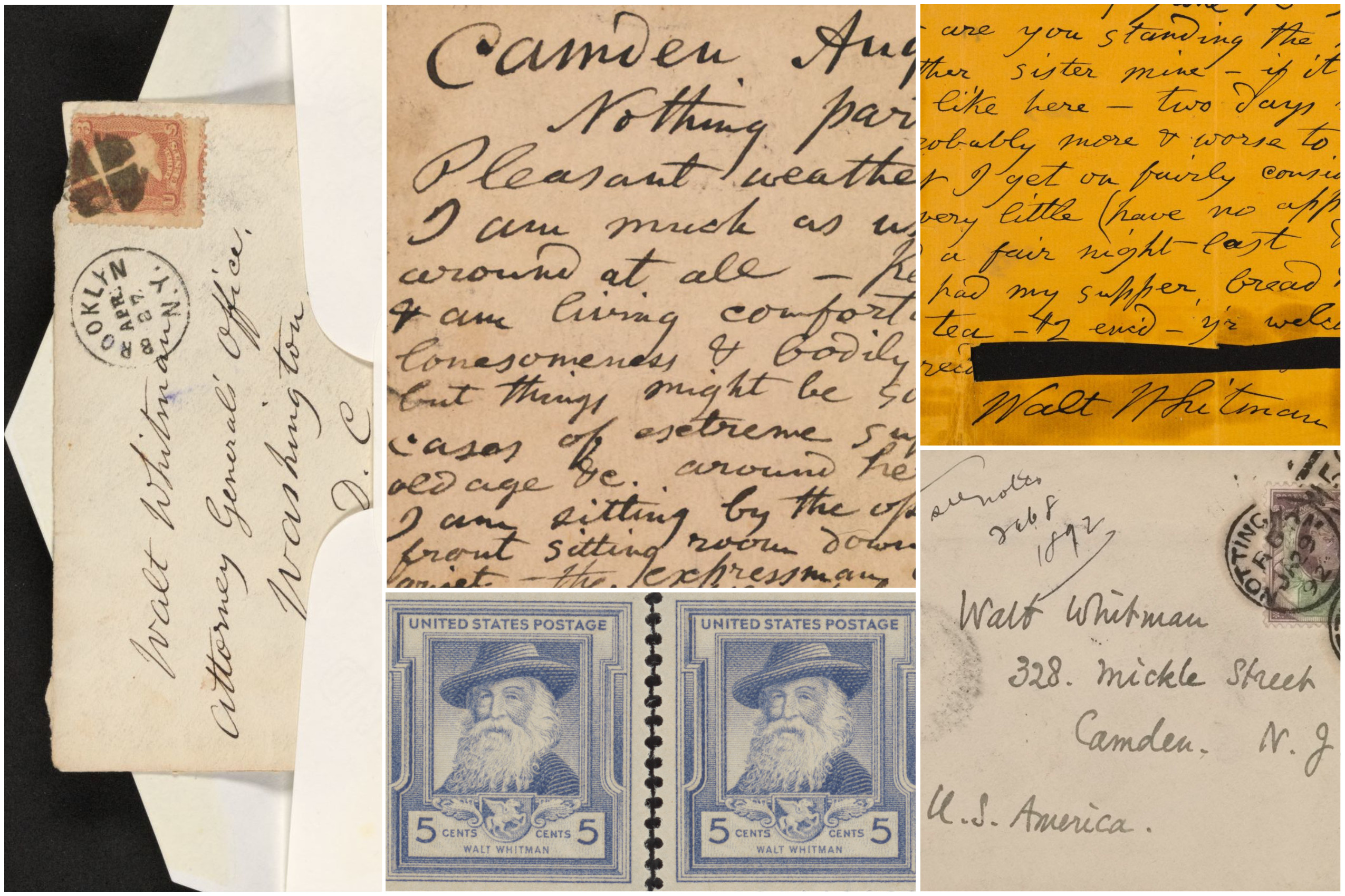 A collage of letters, envelopes, and stamps featuring Walt Whitman