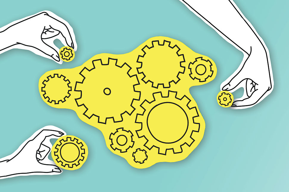 Illustration: Hands add to collection of yellow gears on teal background (Illustration: Prostock Studio/Adobe Stock)