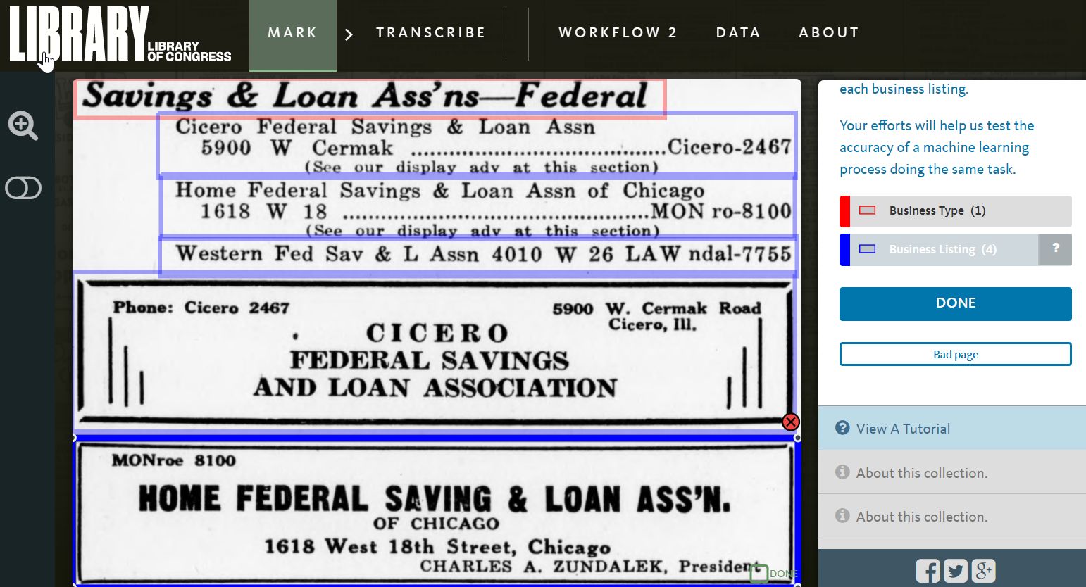 Screenshot of a prototype interface for marking up a business listing from the Yellow Pages.