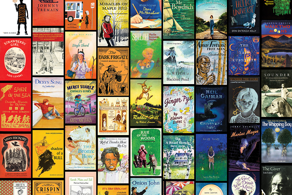 Image features the many books that have won the Newbery Medal over the last 100 years in a colorful, grid-like pattern.