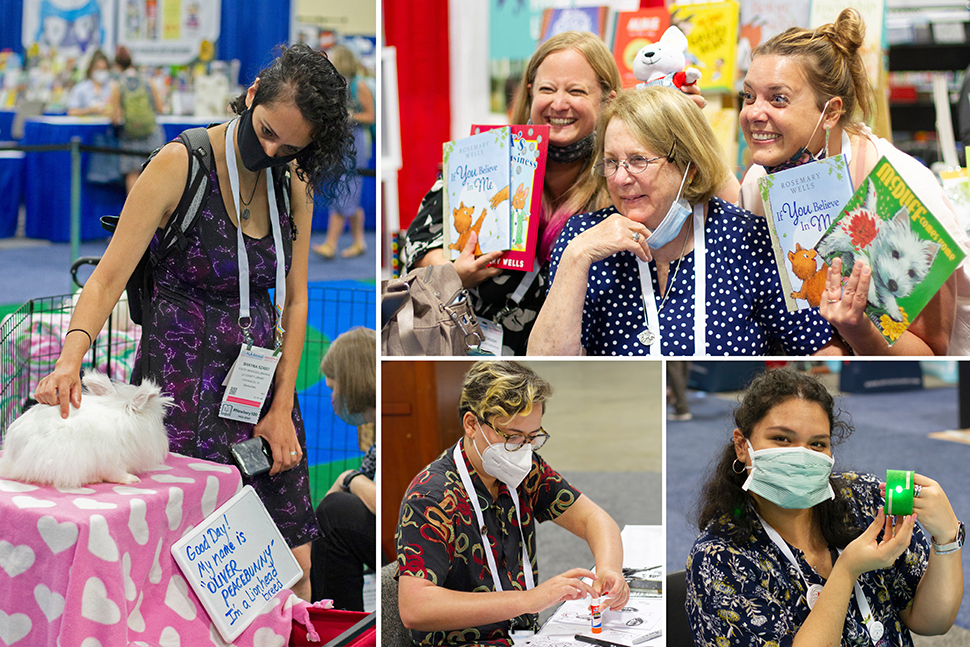 Exhibit hall candids from the American Library Association's 2022 Annual Conference and Exhibition in Washington, D.C. Clockwise from top right: Steph McHugh (left) and Mary Hamer (right), media specialists and librarians at Yorkville (Ill.) Community Unit School District 115, pose with author Rosemary Wells during a signing of her book If You Believe in Me. María Daniela “Dani” Thurber, reference librarian in the Hispanic Reading Room of the Library of Congress and immediate past president of the District of Columbia Library Association, makes a conductive bracelet at the Tech Test Pilot Playground. Luke Sutherland, access services specialist at Montgomery College Library in Takoma Park, Maryland, creates a page for the #alaac22 collaborative zine in the Zine Pavilion. Shayna Szabo, youth services librarian at LA County (Calif.) Library, pets Oliver, a rabbit from Peacebunny Island, an island on the Mississippi River where rabbits are trained to become comfort and emotional support animals.