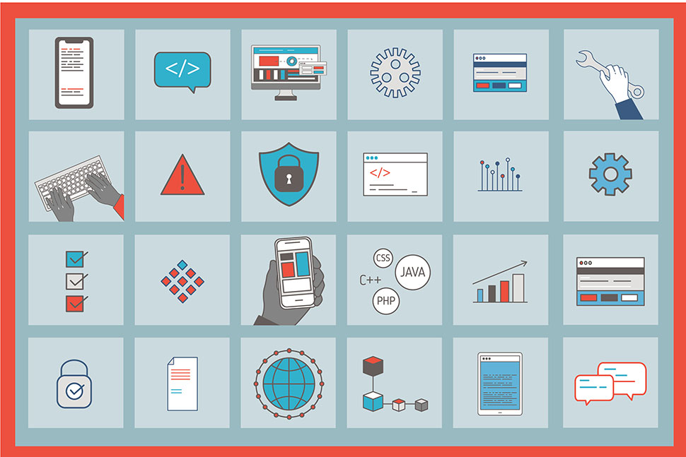 An image of 24 icons representing different technology devices and processes for the 2023 Library Systems Report