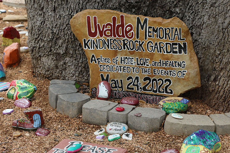 Painted rocks memorializing the children and teachers who died at Robb Elementary School on May 24, 2022, in Uvalde, Texas.