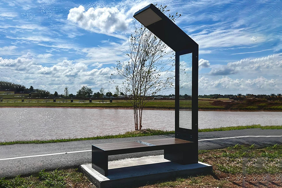 A photo of one of the Wi-Fi-enabled benches installed by the Pioneer Library System in Oklahoma