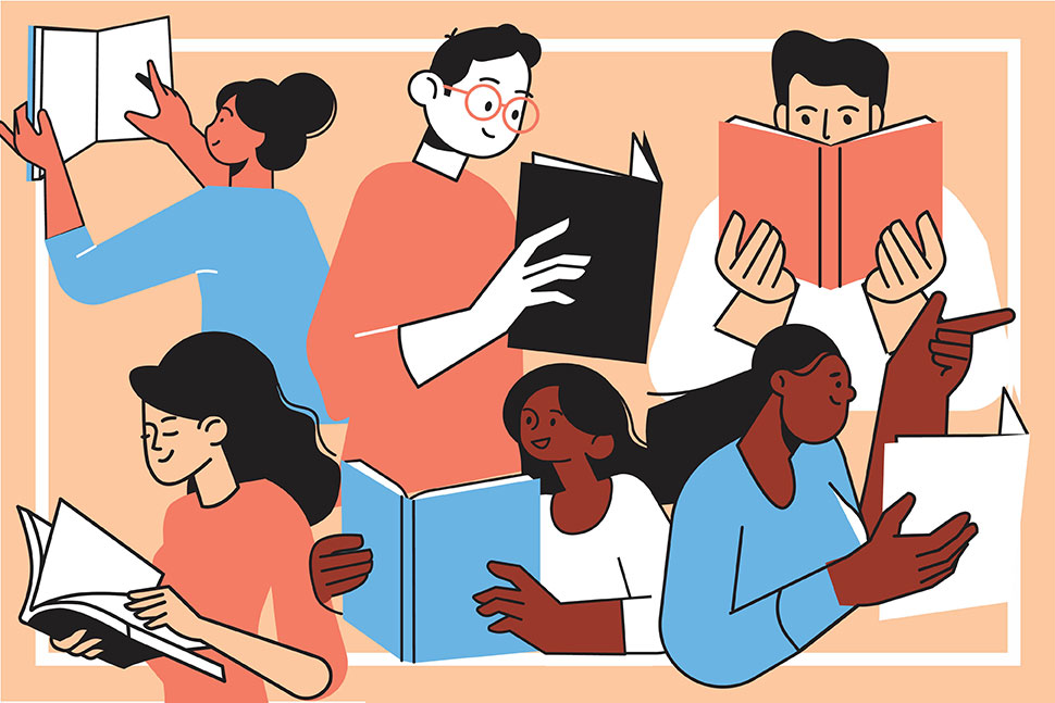 Illustration of students reading books