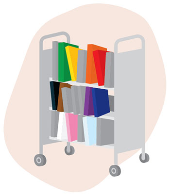 A rolling cart filled with books. The book spines are in the colors of the Progress Pride flag. 