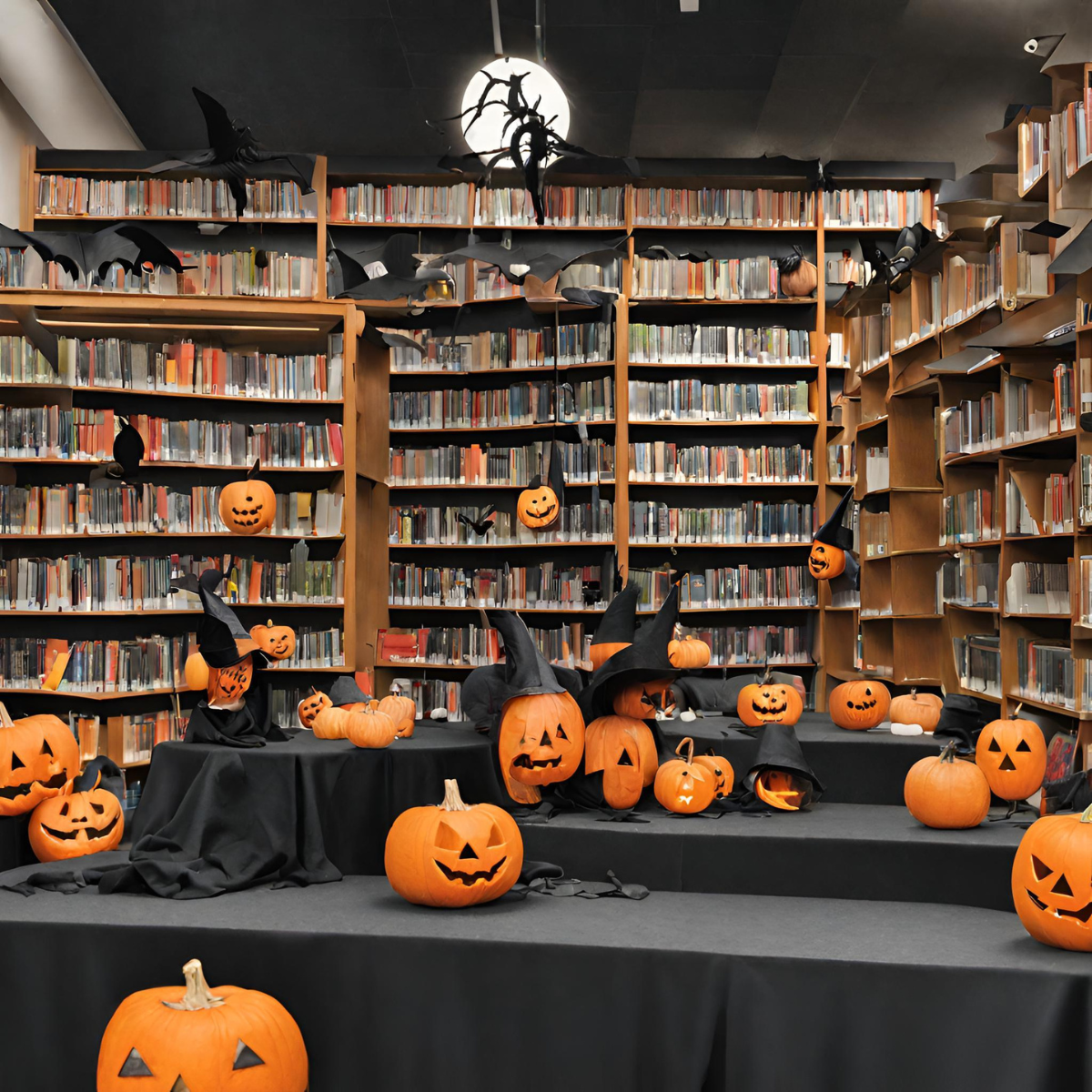 A library decorated with pumpkins