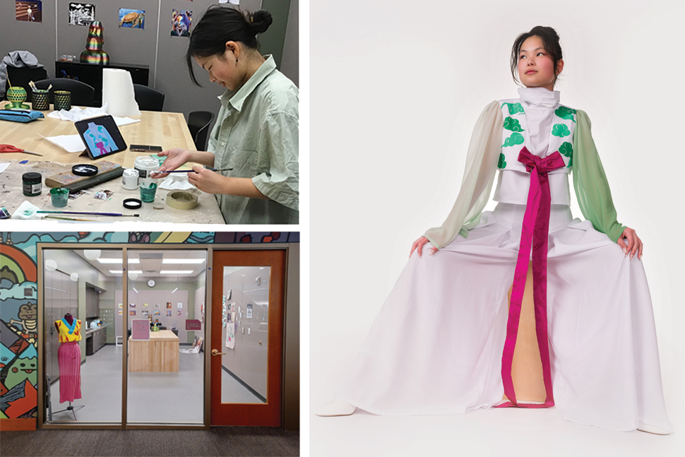 Teen artist-in-residence Celia Hamilton uses the studio at Carmel Clay (Ind.) Public Library (top left) to plan and execute a photoshoot of herself wearing her fashion designs (right).