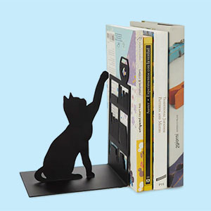 Bookend with a cat reaching for a fishing bowl