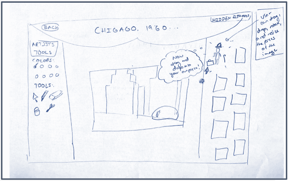A hand-drawn sketch of a collage tool with a toolbar on the left, thumbnail images on the right, and a background image in the center with the text 'Chicago 1960'