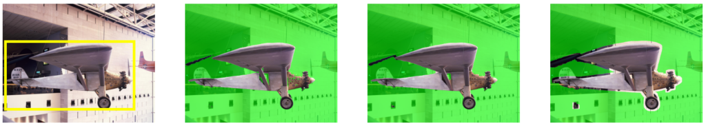 Four images of the same airplane demonstrating how different machine learning tools identifies and isolates the airplane in the image