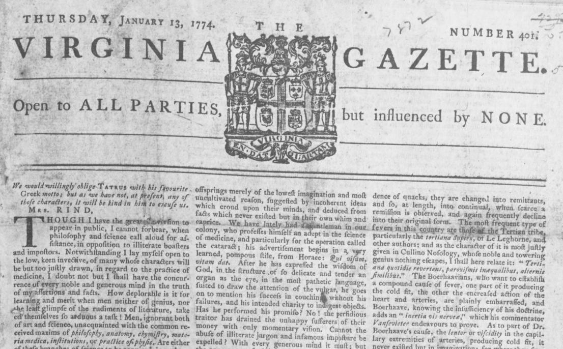 A detail from The Virginia gazette (Williamsburg, Va.), published on January 13, 177, featuring the seal of Virginia and the tagline, "Open to all parties, but influenced by none."