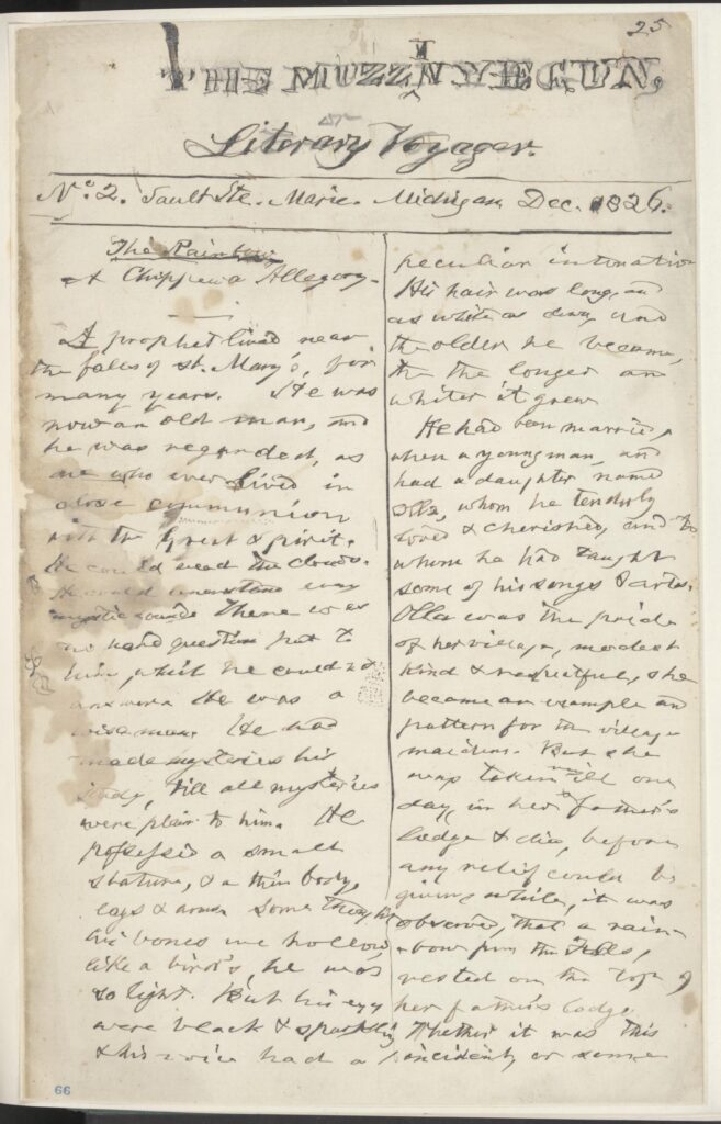 Handwritten page of The Muzzinyegun, or Literary Voyager.