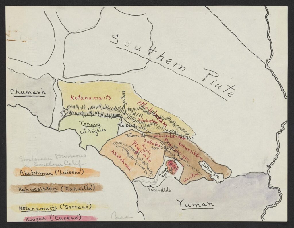 Hand drawn and hand colored map of southern california.