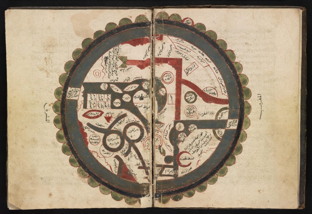 Hand drawn map of the world with Arabic place names.