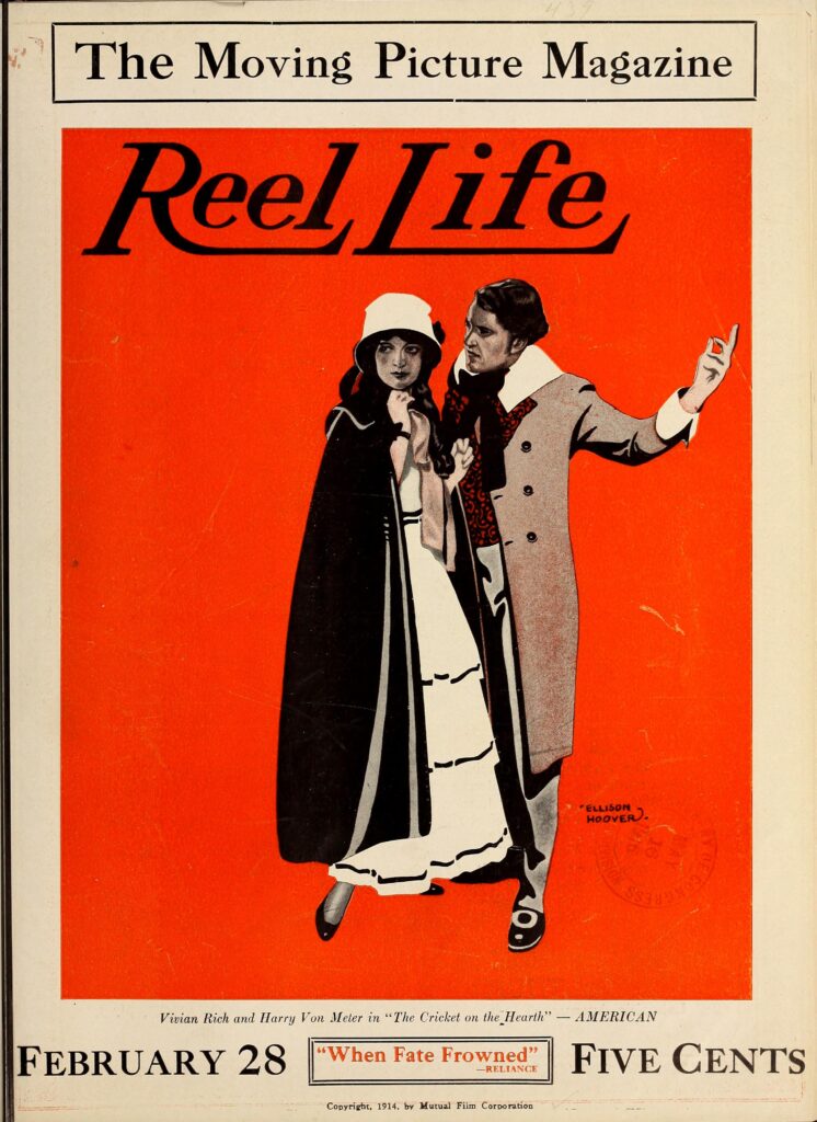 1914 illustration of a man and woman against an orange background, with "Reel Life" behind them. The woman is looking one direction, the man looking directly at her. The man is gesturing upwards.