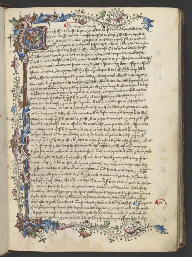 Handwritten page from 1450 with heavy ornamentation featuring flowers and leaves.