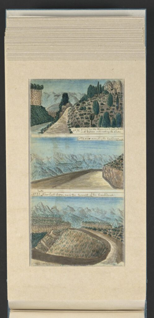 Watercolor landscape drawings of Antrim's travels.