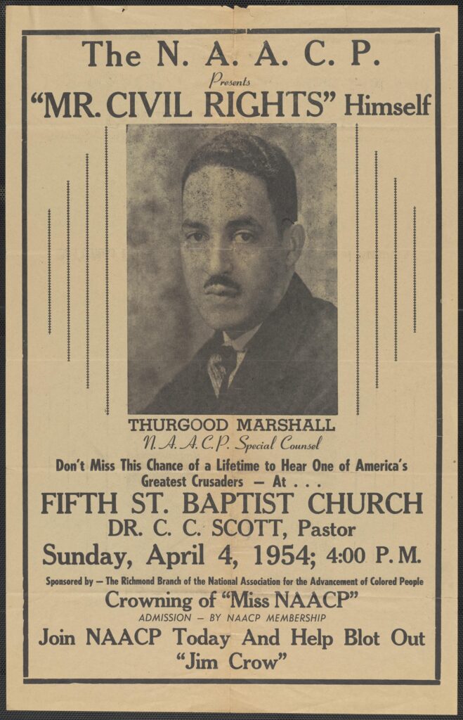 Black and white broadside featuring an image of Thurgood Marshall