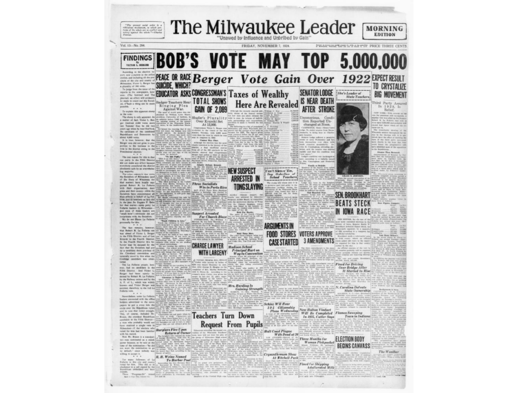 Front page of The Milwaukee leader newspaper on November 7, 1924.