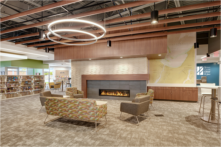 Sitting area with fireplace in Brown County Library, East branch.