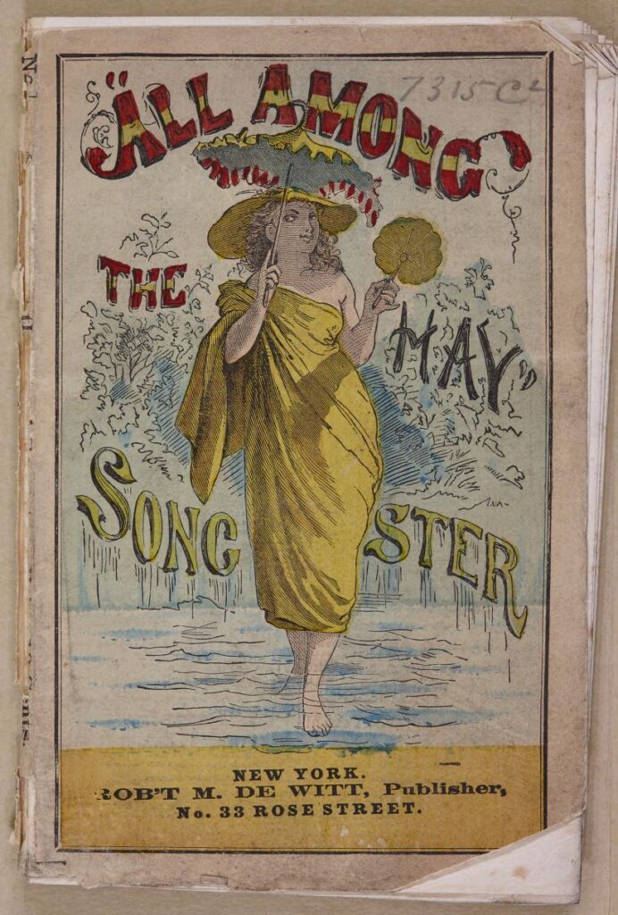Songster cover, featuring a barefoot woman in a yellow dress carrying a fan and matching parasol.