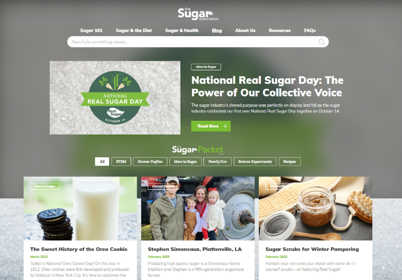 Screenshot of the Sugar Association's blog, the Sugar Packet-- which includes articles like "The Sweet History of the Oreo Cookie," "Stephen Simoneaux, Plattenville, LA," and "Sugar Scrubs for Winter Pampering."