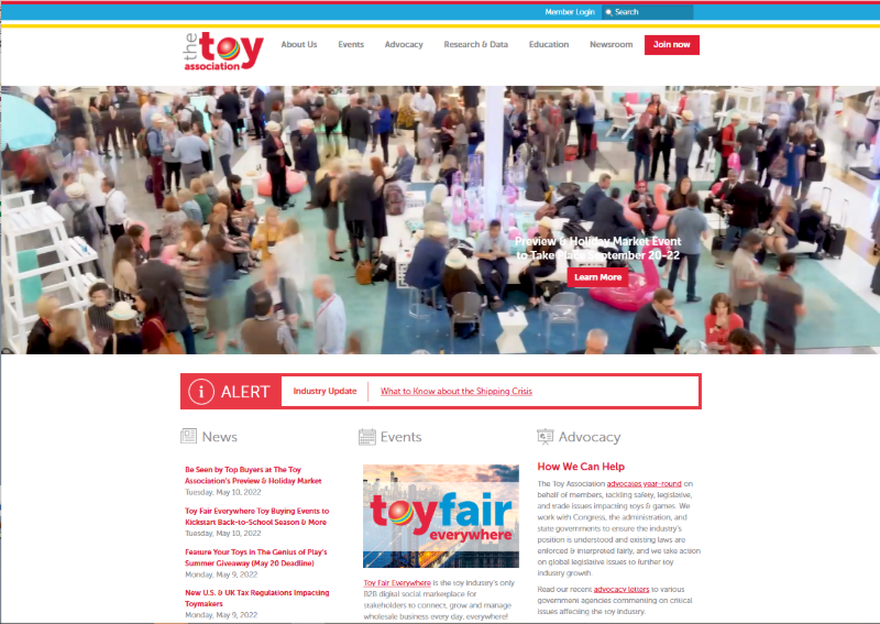 Screenshot of the Toy Association website homepage, as it is captured in our web archives. The banner image shows a crowd gathering at an event.