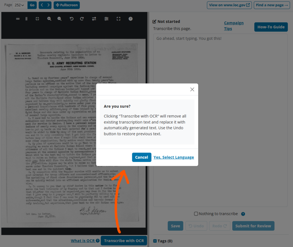 screenshot of By the People transcription page with the first step of the By the People OCR workflow activated. Orange arrow points to either "cancel" or "yes, select langauge."