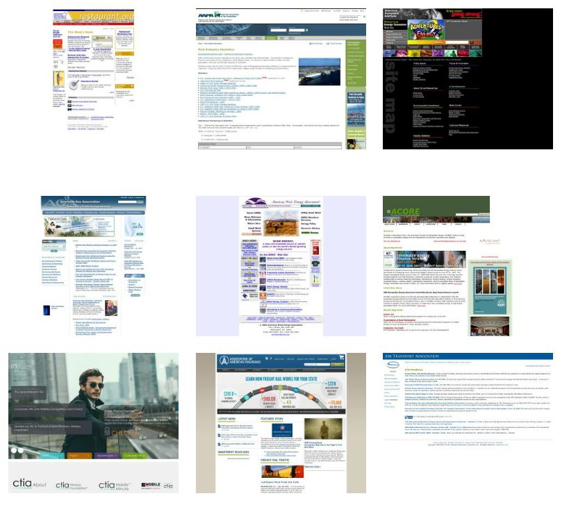 A grid of 9 thumbnail images from the Industry Associations Web Archive.