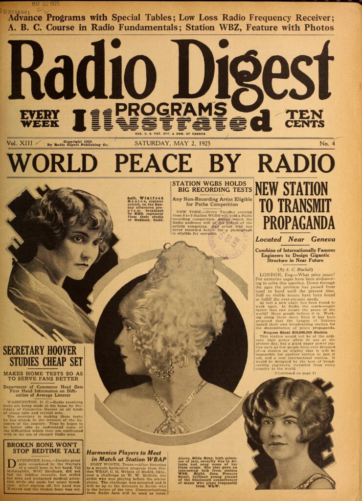 Black and white scan of the Saturday May 2, 1925, edition of Radio Digest Programs Illustrated. Headline: WORLD PEACE BY RADIO.