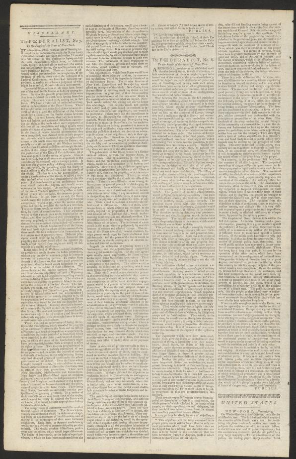 Black and white scan of the November 20, 1787 The New-York packet, which features Federalist Papers numbers 7 & 8.